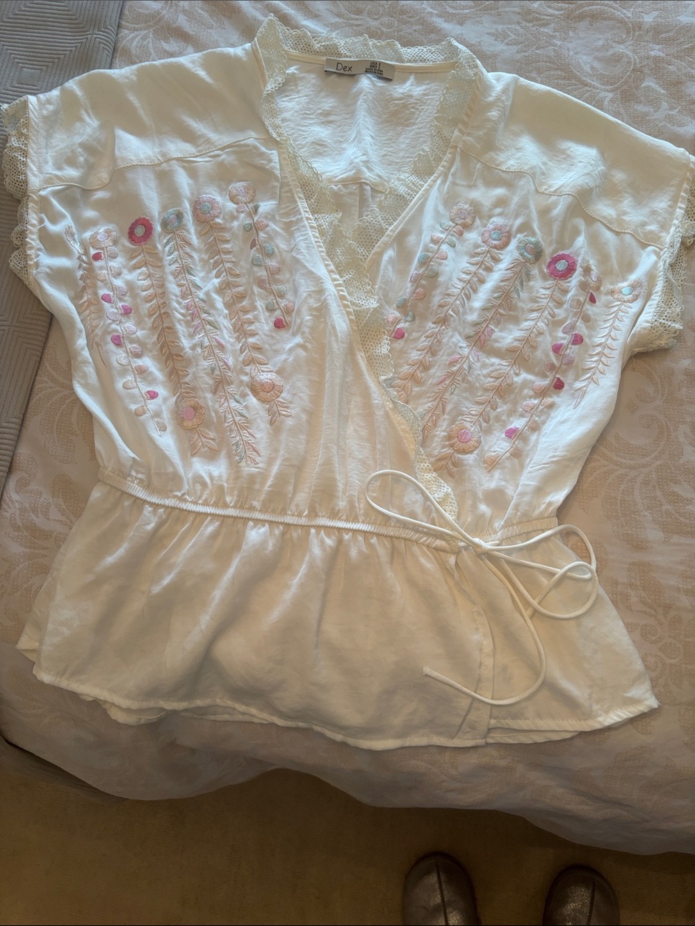 Pretty Dex White Wrap Blouse with Pink & Green Floral Embroidery.